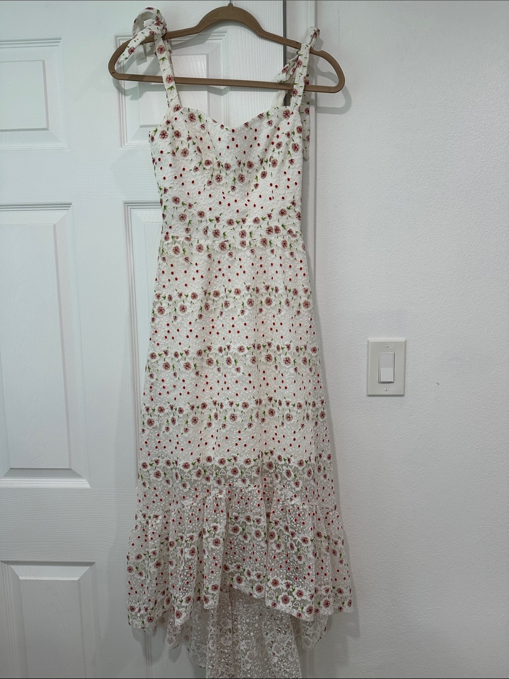 Dress the Population White Floral Midi Dress with Red and Green Accents